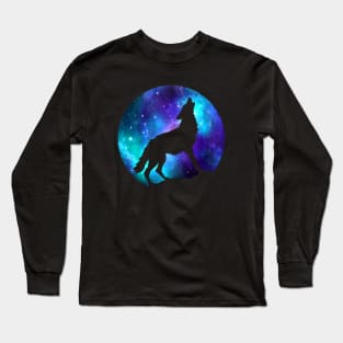 Dramabite Wolf Galaxy Surreal Wild Lone Wolves Double Exposure Stars Moon Long Sleeve T-Shirt